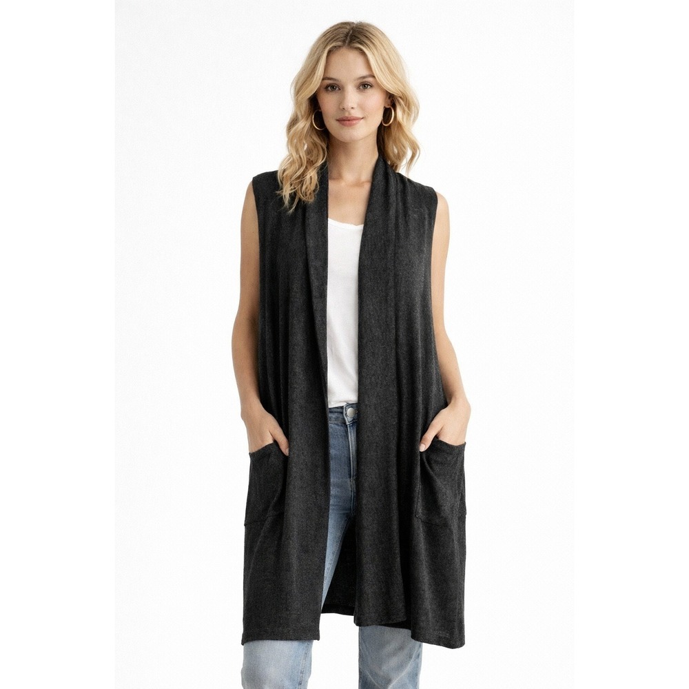 August Silk Long Vest Sweater Duster Long Knit Cotton Gray Pockets Draped Collar